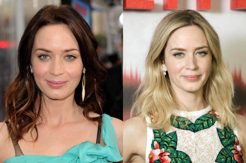 Image of Emily Blunt brunette with honey highlights hair