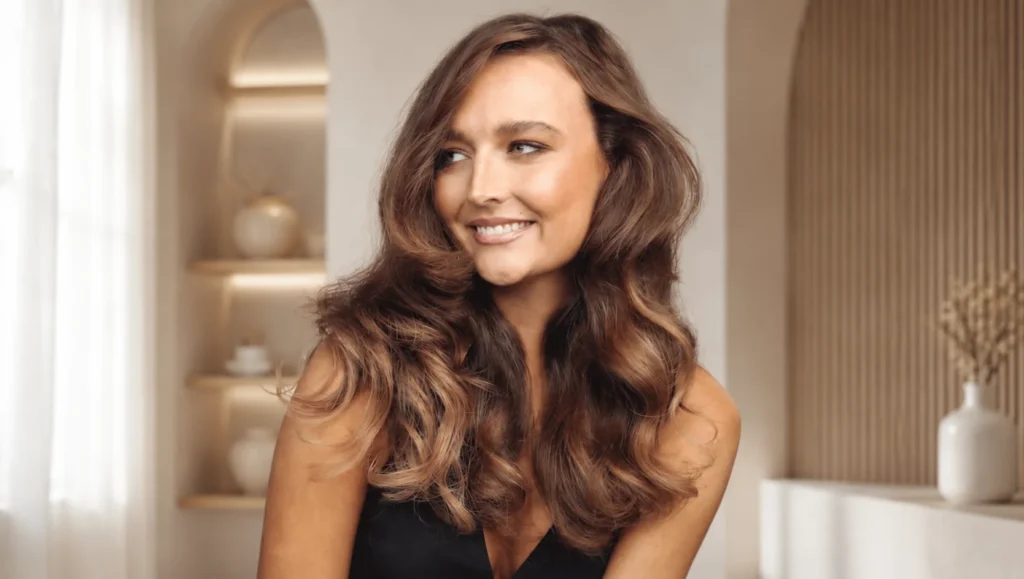 Brunette woman with voluminous soft waves and natural looking hair extensions in a luxury salon setting