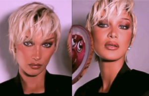 Bella Hadid with a platinum blonde 90s pixie haircut