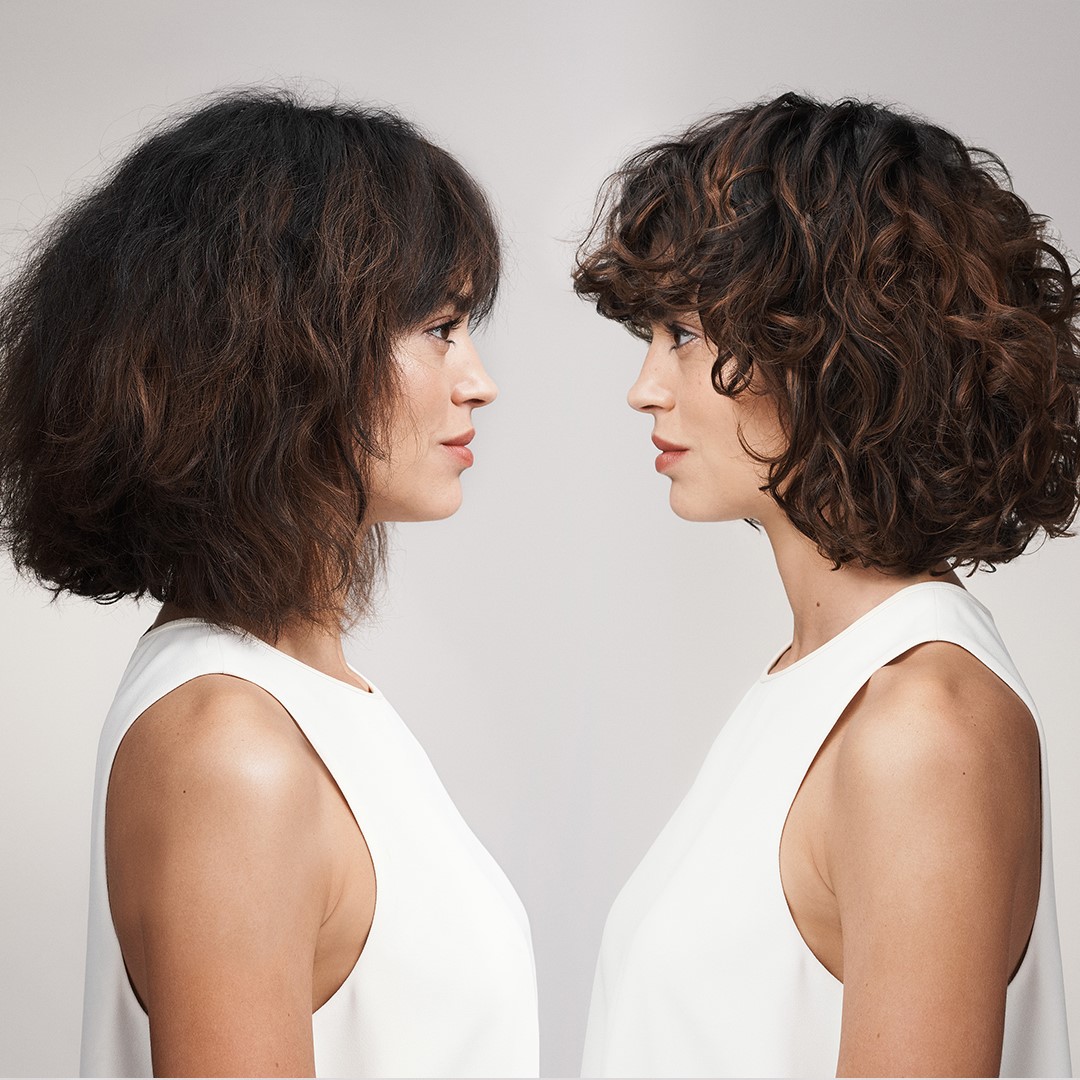 Kerasilk before and after showing frizz reduction and more defined controlled curls