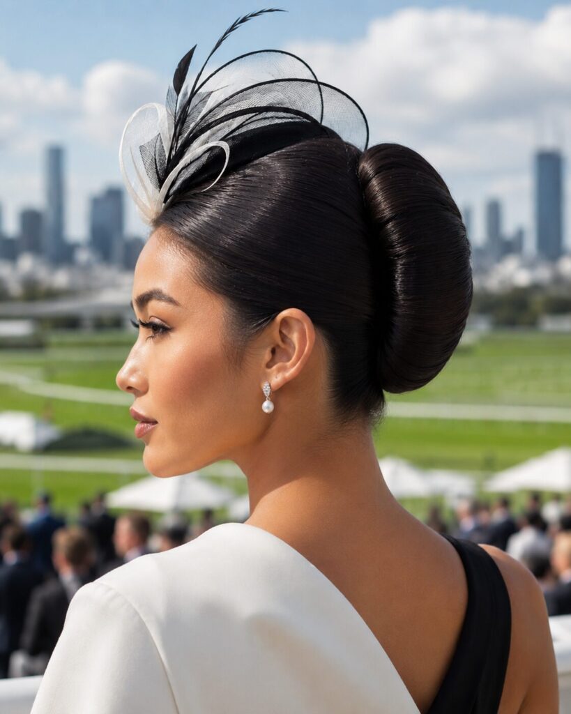 Woman with glossy black sculptural updo and black-and-white fascinator at Brisbane Race Club
