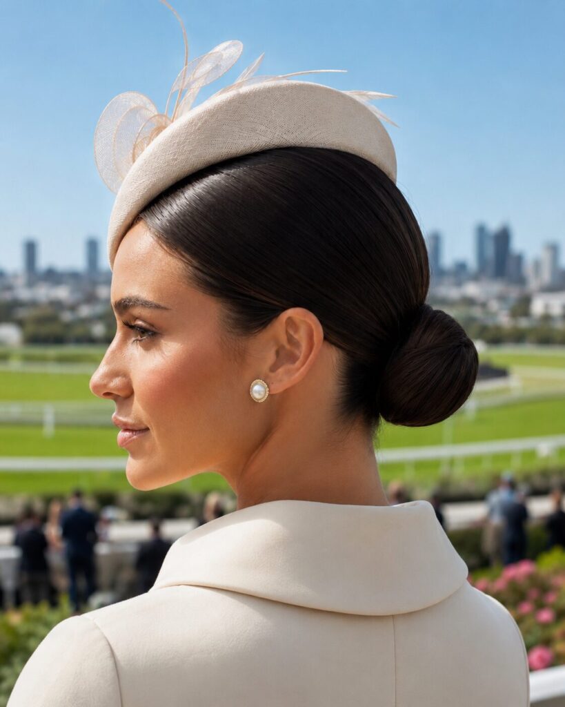White brunette woman with sleek low bun and cream fascinator at Brisbane race day