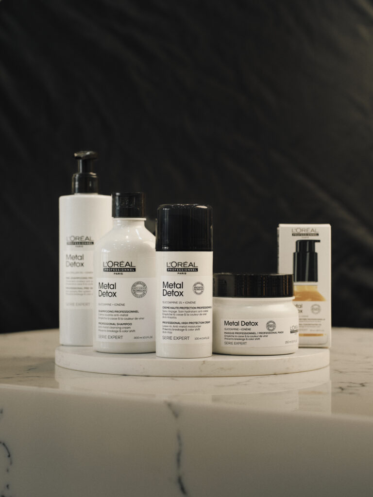 L'Oréal Professionnel Metal Detox haircare collection including Shampoo, Mask, High Protection Cream and Concentrated Oil.