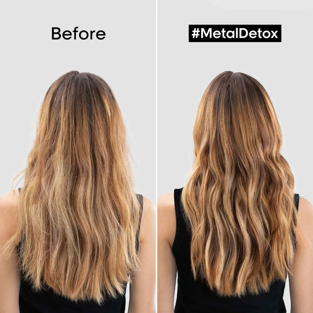 Before and after results using L'Oréal Professionnel Metal Detox treatment at Epic Hair Designs, showing smoother, shinier and healthier looking blonde hair.