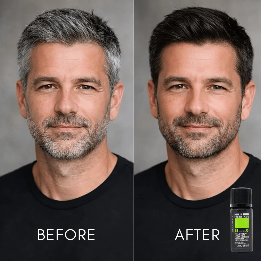 Before and after example of Goldwell Men ReShade transparent grey blending on short hair